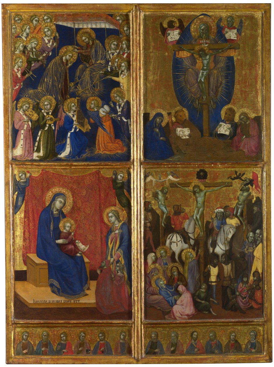 Jomfruens kroning. Treenigheden. Jomfruen og barnet med donorer. Korsfæstelsen. De tolv apostle, 1374 af Barnaba da Modena
