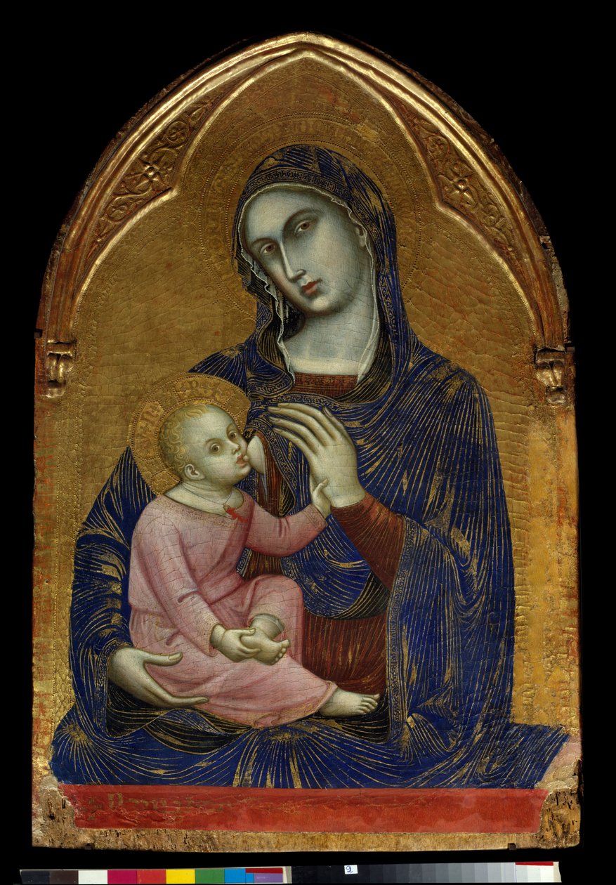 Jomfruen og Mariabarnet ammer Jesus Kristus, som har en halskæde af koral. Maleri på træ af Barnaba da Modena (kendt fra 1361 til 1383) Dim. 1,09x0,72 m Paris, Musée du Louvre. af Barnaba da Modena