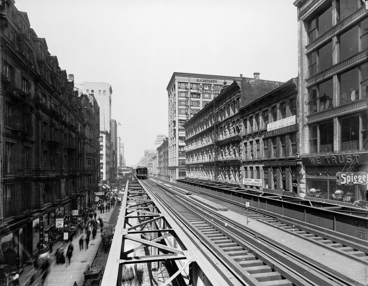 Forhøjede spor nær Adams Street station, Chicago, Illinois, USA, ca. 1900 (s/h-foto) af Barnes and Crosby
