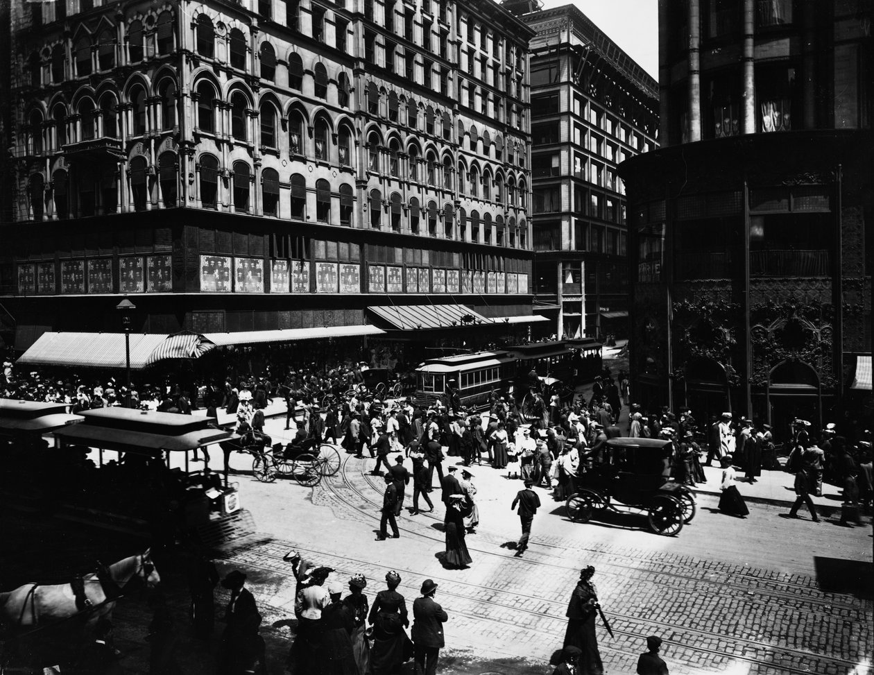 State and Madison Streets, Chicago, Illinois, USA, ca. 1905 (s/h-billede) af Barnes and Crosby