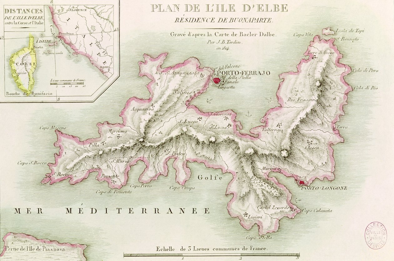 Kort over øen Elba, indgraveret af Jean-Baptiste Tardieu (1768-1837) 1814 af Baron Louis Albert Bacler d
