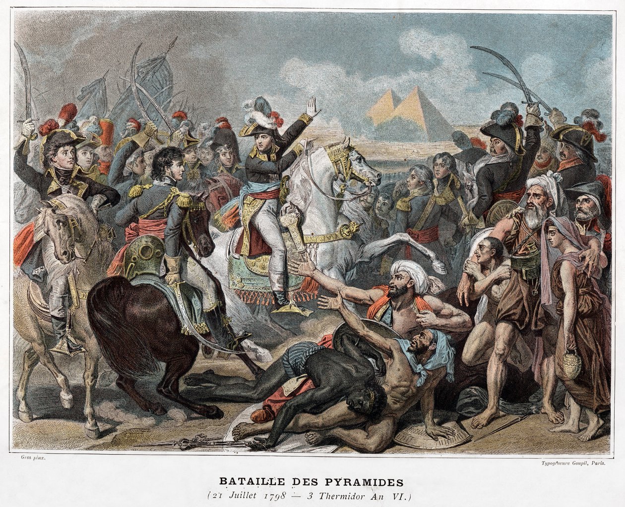 Slaget ved pyramiderne: Napoleon Bonaparte i Egypten i 1798 (kobberstik) af Baron Antoine Jean (after) Gros