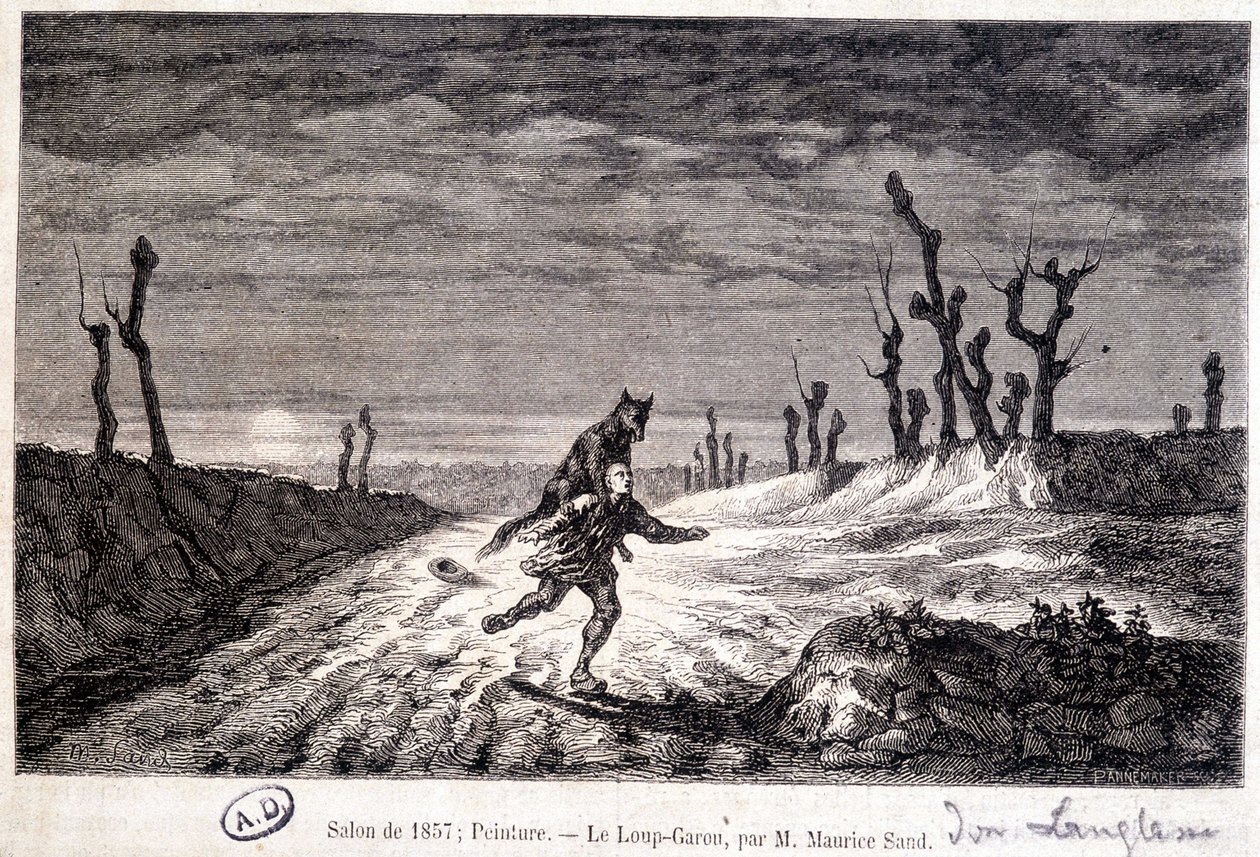 Varulv (varulv) angriber en mand - fra ca. maleri af Maurice Sand udstillet på Salonen i 1857. af Baron Dudevant Jean Francois Maurice (after) Sand