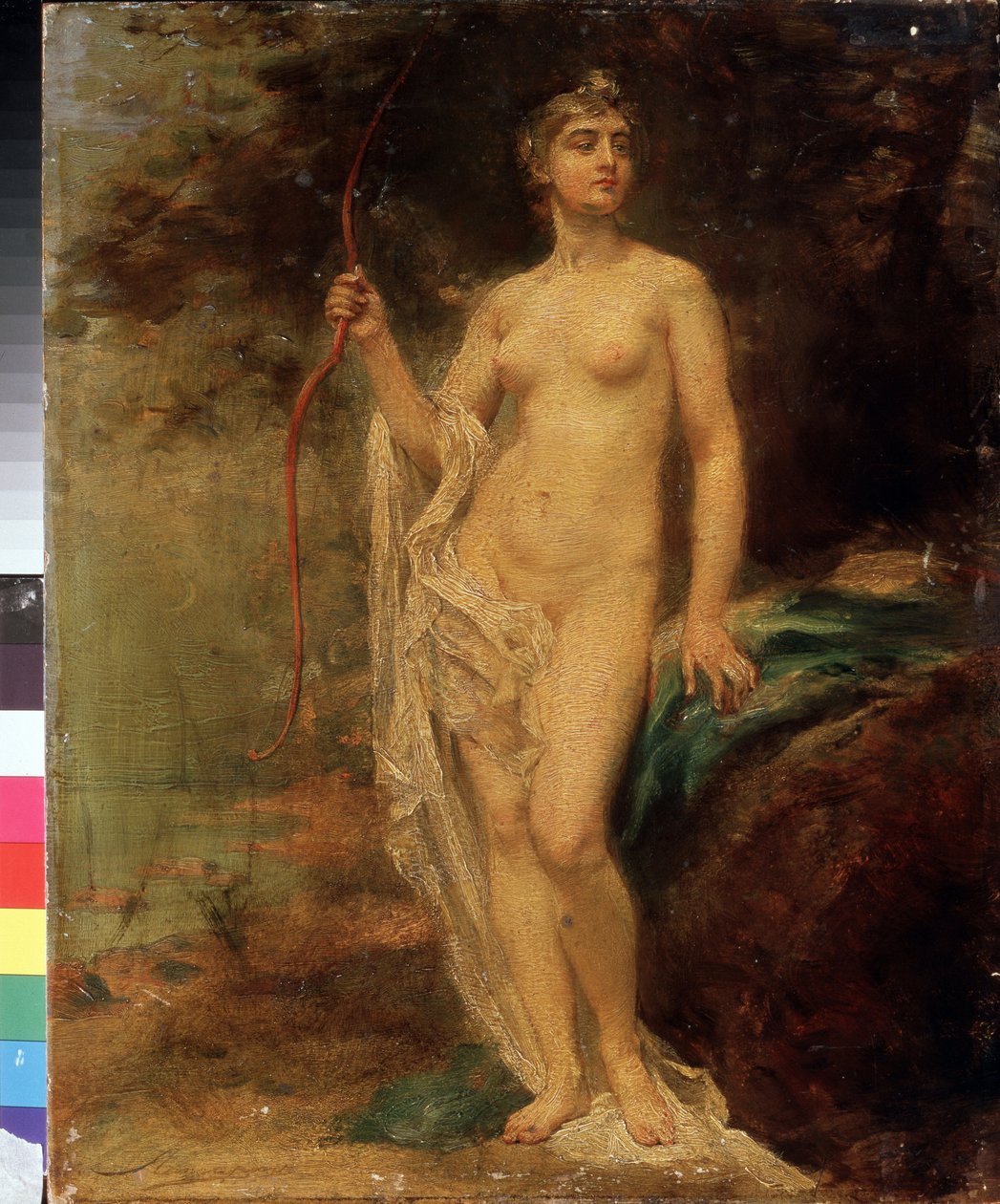 Diana (Diana). Den nøgne gudinde holder sin bue, sit ansigt hovmodigt, nær en flod i skoven. Maleri af Ernest Karlovich Liphart (1847-1932), olie på lærred. russisk kunst af Baron Ernest Friedrich von Liphart