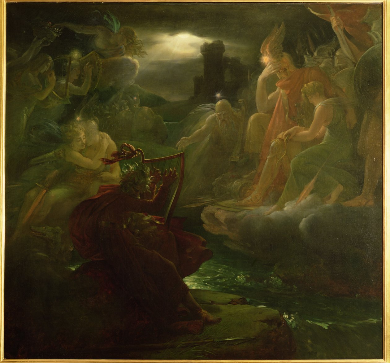 Ossian tryller ånderne frem på bredden af floden Lora med lyden af sin harpe, 1801 af Baron François Pascal Simon Gérard