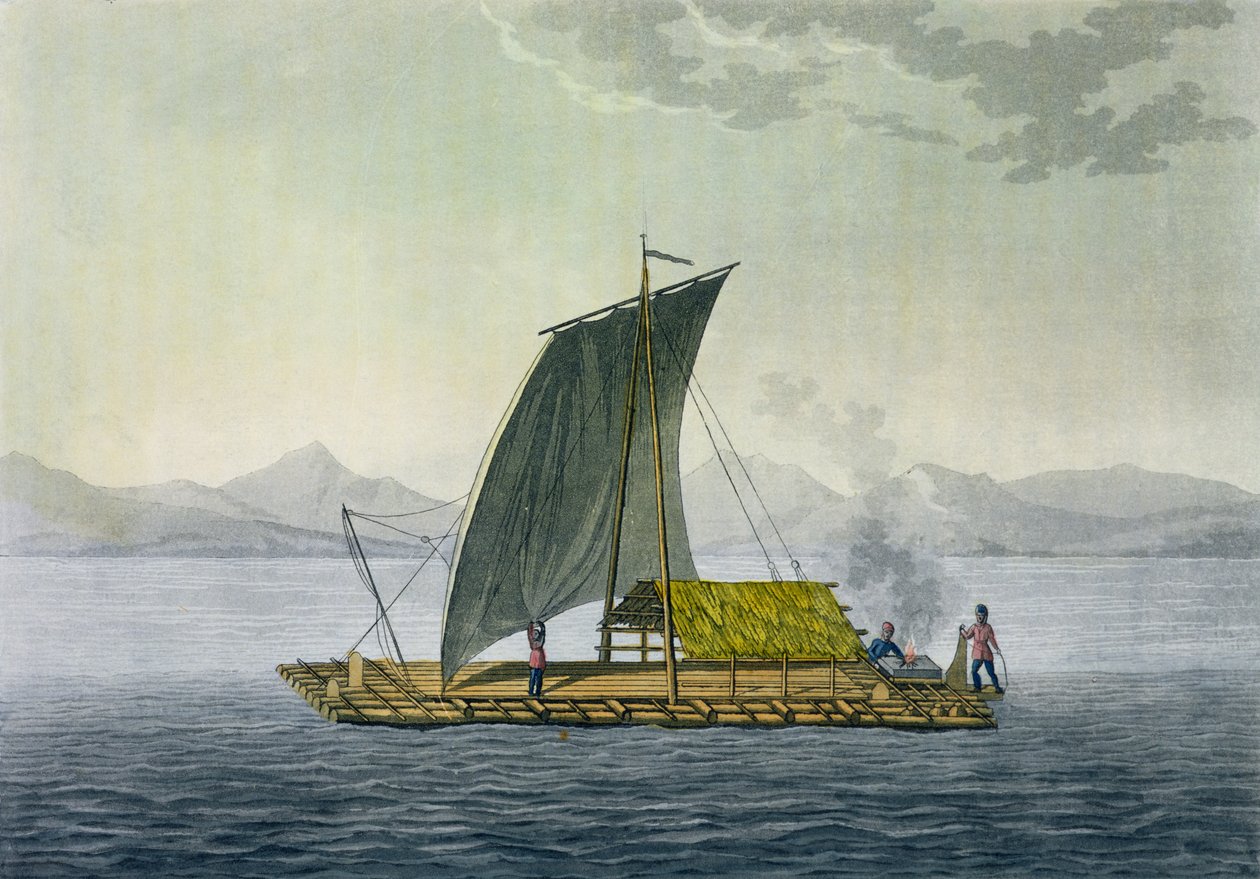 En tømmerflåde, der forlader havnen i Guayaquil, Ecuador, fra 