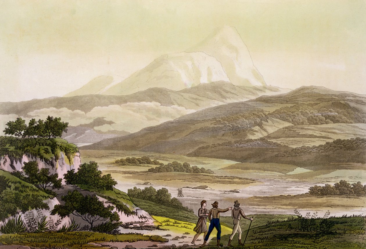 Mount Cayambe, Ecuador, fra "Le Costume Ancien et Moderne", bind II, plade 3, af Jules Ferrario, graveret af Paolo Fumagalli, udgivet omkring 1820-30