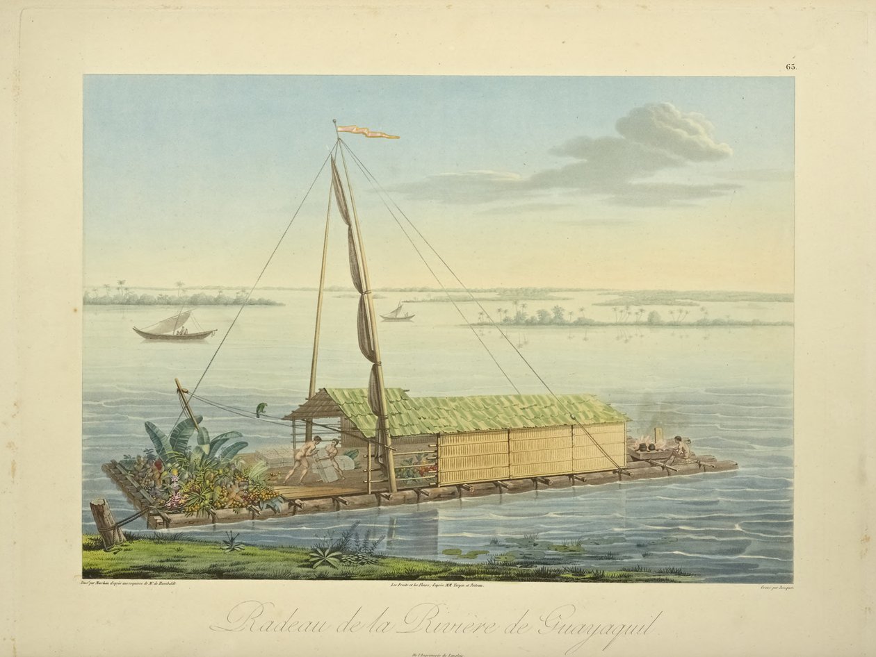 Flåde på floden Guayaquil, tegnet af Marchais, graveret af Bouquet, illustration fra "Views of the Cordilleras and Monuments of the Native Peoples of America" ​​​​af Alexander von Humboldt og Aime Bonpland, 1813 af Baron Friedrich Alexander von Humboldt