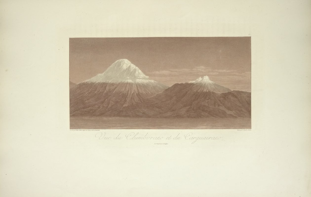 Udsigt over Chimborazo og Carguairazo, tegnet af Gmelin, indgraveret af Arnold, illustration fra "Views of the Cordilleras and Monuments of the Native Peoples of America" ​​af Alexander von Humboldt og Aime Bonpland, 1813 af Baron Friedrich Alexander von Humboldt
