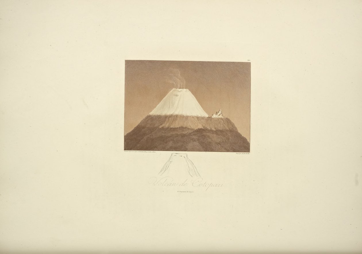 Volcano of Cotopaxi, tegnet af Gmelin, graveret af Arnold, illustration fra "Views of the Cordilleras and Monuments of the Native Peoples of America" ​​af Alexander von Humboldt og Aime Bonpland, 1813 af Baron Friedrich Alexander von Humboldt