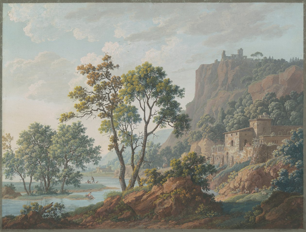 Flodlandskab med slotte og fiskere af Baron Louis Albert Guillain Bacler d