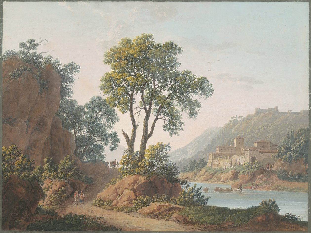 Flodlandskab med slotte og rejsende af Baron Louis Albert Guillain Bacler d
