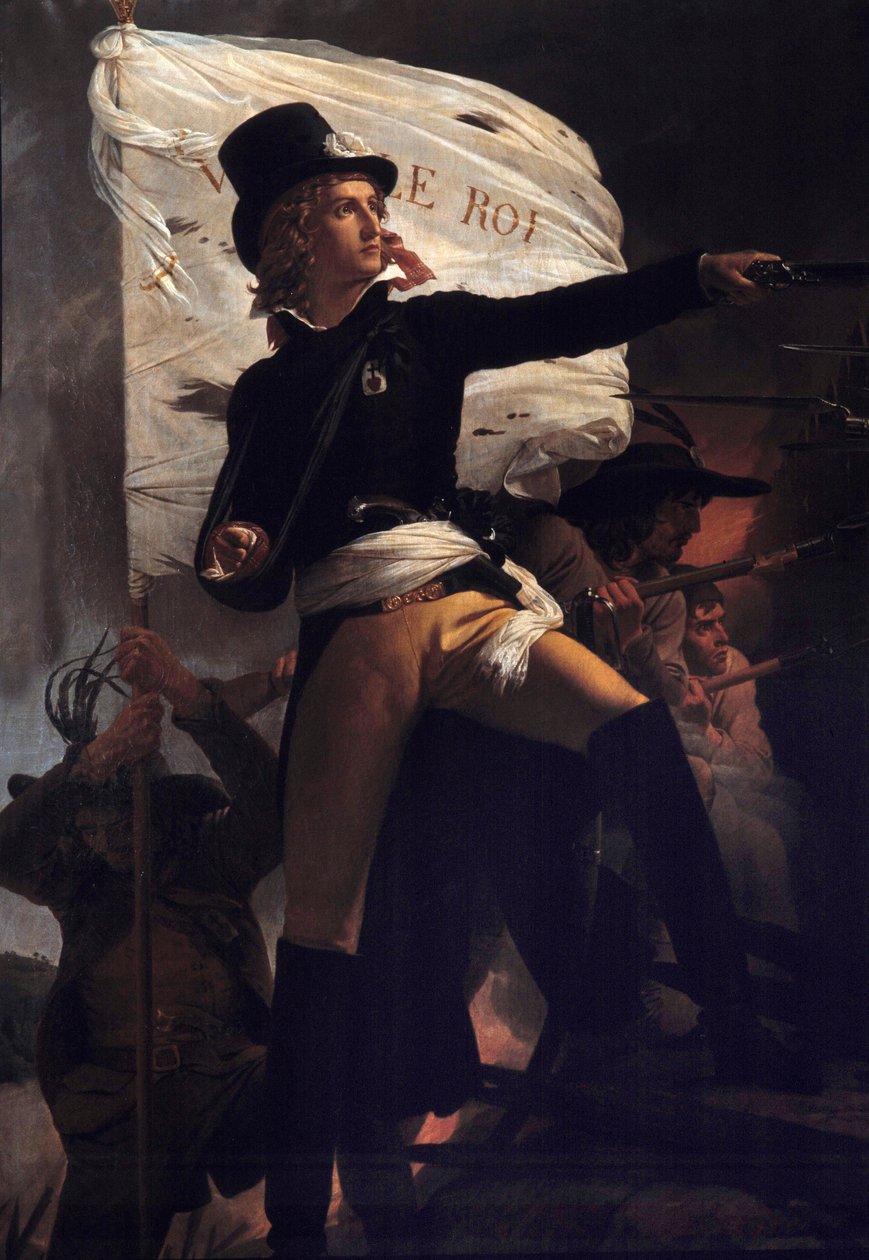 Portræt en pied af Henri Duverger, Comte de La Rochejaquelein (eller Orchard de La Rochejacquelein) (1772-1794) general solgt med flaget live le roi"" (på brystet Vendéernes insignier)"" (Vendees krig) Maleri af Pierre Narcisse (Pierre-Narcisse) G af Baron Pierre Narcisse Guerin