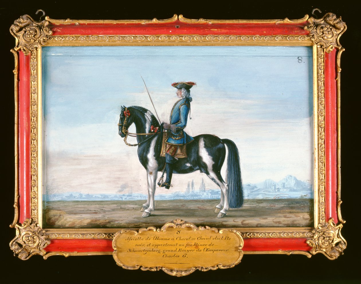 Nr.8. En broget hest og rytter, fra den spanske rideskole, hesten tilhørende den afdøde prins af Schwartzenberg, equery til kejser Karl VI (wc på papir) af Baron Reis Eisenberg