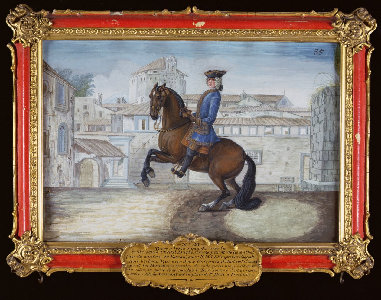 Nr. 35 En Barbary Bay-hest fra den spanske rideskole, der udfører en dressurbevægelse på Markuspladsen, Firenze (wc på papir) af Baron Reis Eisenberg