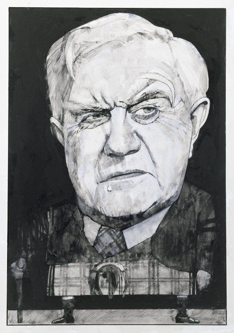 Portræt af Andrew Cruickshank, illustration til The Sunday Times (gouache ombord) af Barry Fantoni