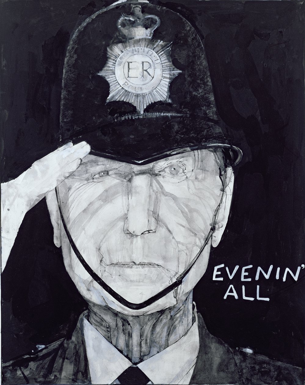 Portræt af Jack Warner som Dixon fra Dock Green, illustration til The Listener, 1970