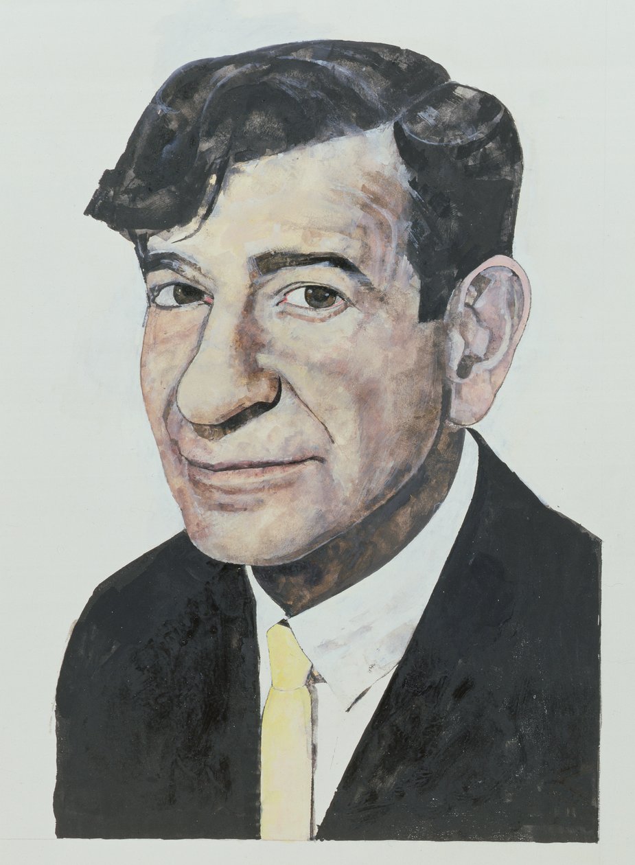 Portræt af Walter Matthau, illustration til The Daily Mirror Color Supplement, 1964 (gouache ombord) af Barry Fantoni