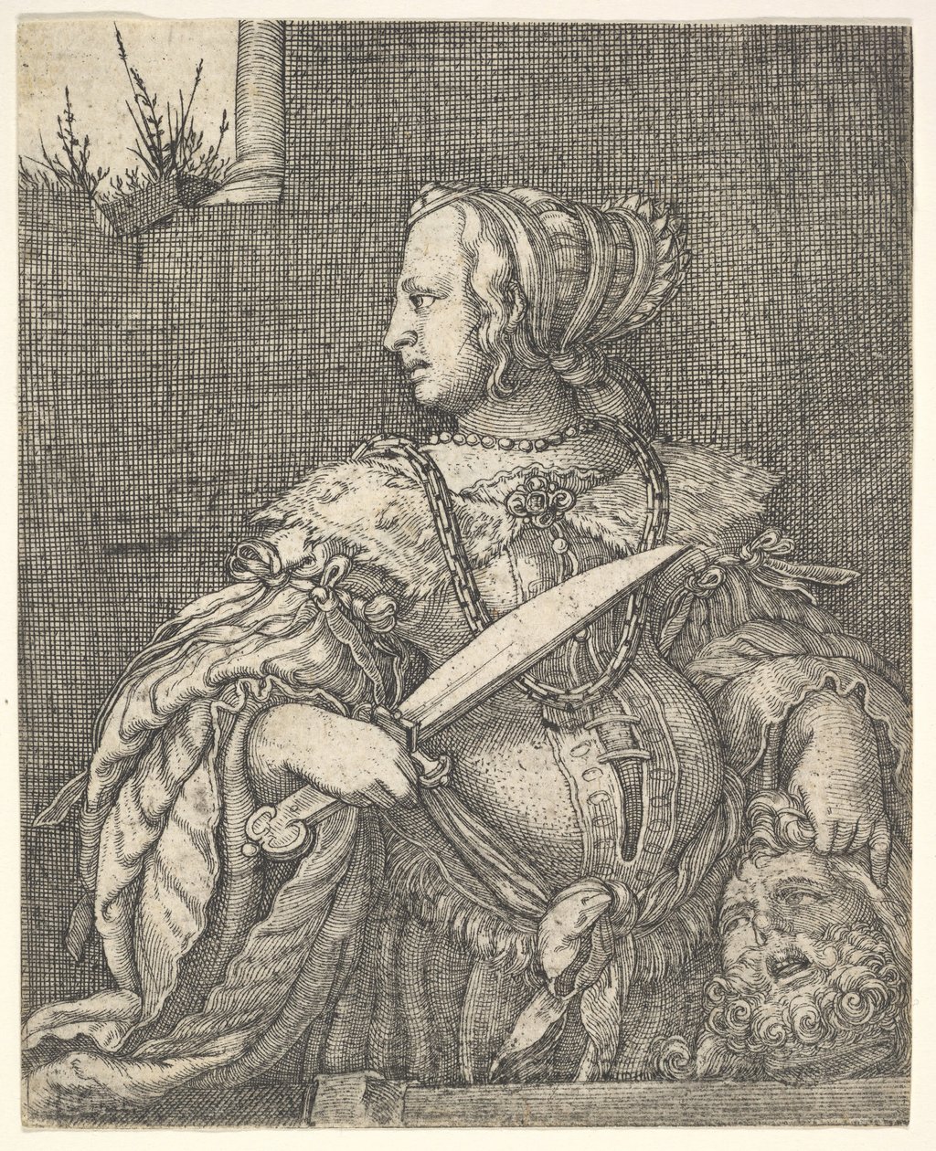 Judith, halvlang og i profil til venstre, et sværd i højre hånd og hovedet af Holo.... af Barthel Beham