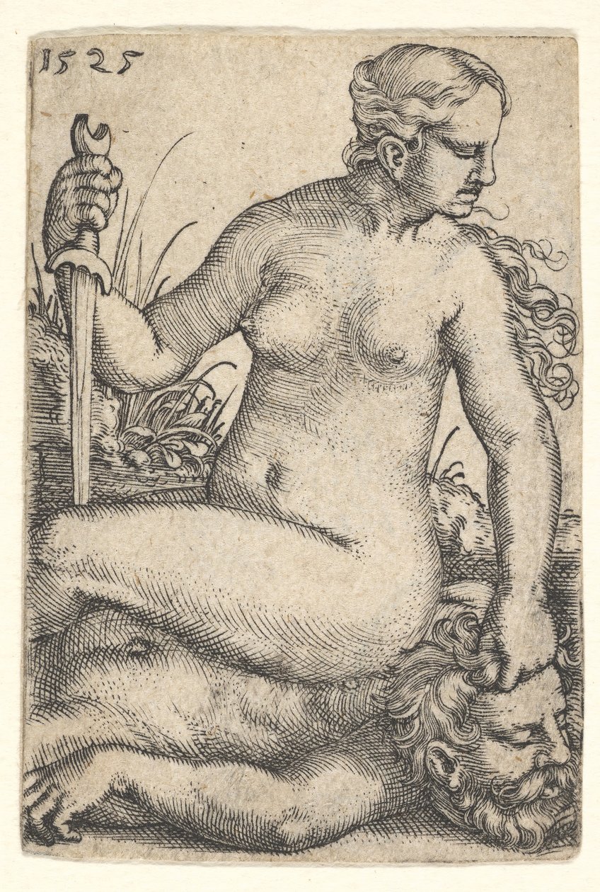 Judith, der kiggede mod højre, sad nøgen på toppen af Holofernes døde krop med et sving..., 1525. af Barthel Beham