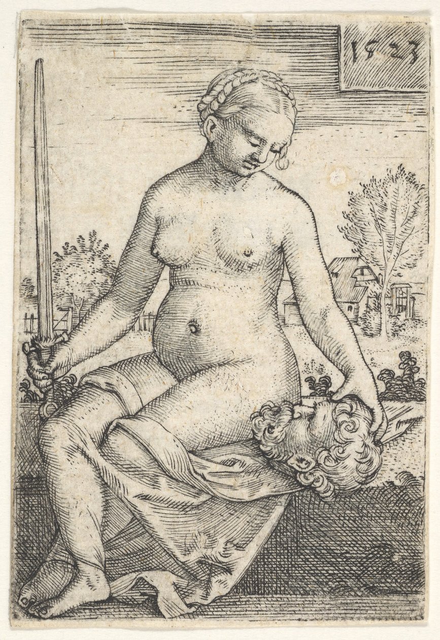 Judith, siddende nøgen med et sværd i højre hånd, stirrede ned i hovedet af Holofernes ..., 1523. af Barthel Beham
