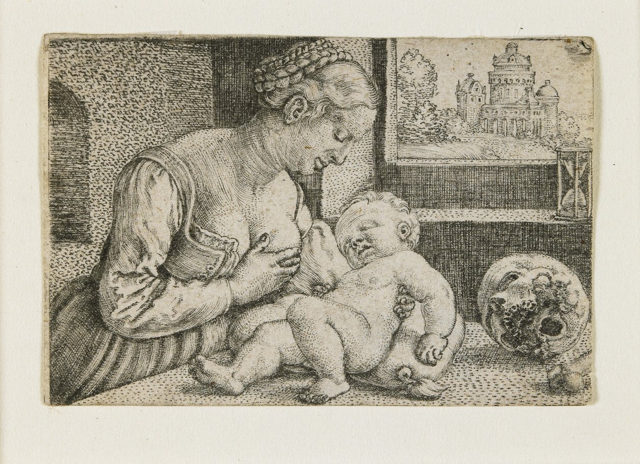 Mor og barn med kranie og timeglas, ca. 1528-1530 af Barthel Beham