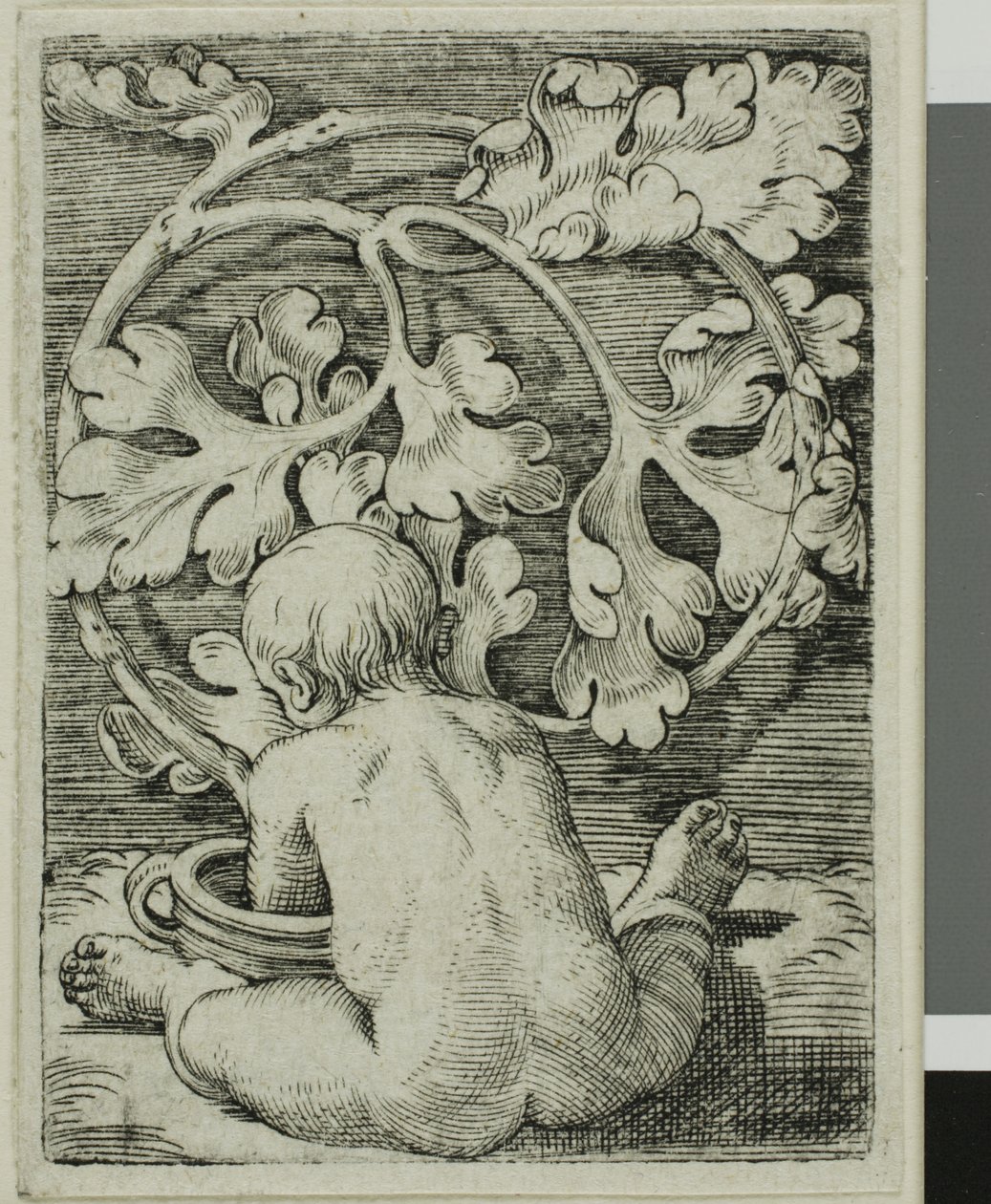 Nøgent barn, set bagfra siddende foran et fartøj af Barthel Beham