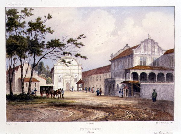 Statens hus i Malacca, graveret af Alfred Leon Lemercier, ca. 1840 (håndkoloreret litho) af Barthelemy (after) Lauvergne