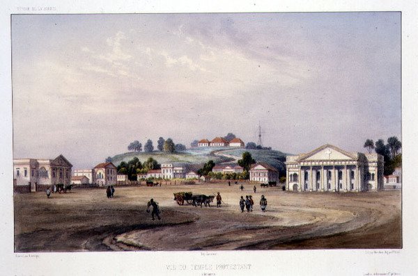 Udsigt over et protestantisk tempel, Singapore, indgraveret af Alfred Leon Lemercier, ca. 1840 (håndfarvet litho) af Barthelemy (after) Lauvergne