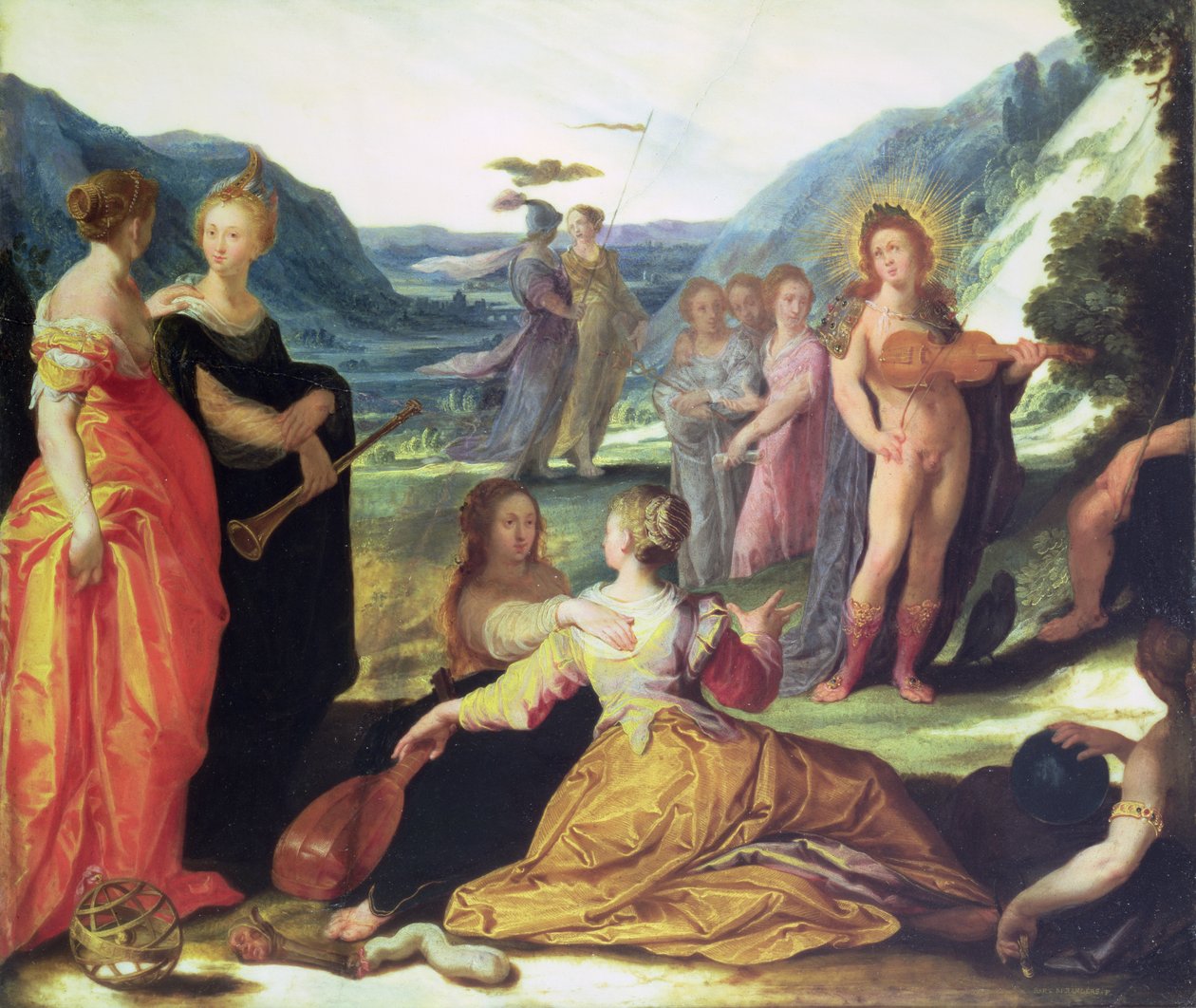 Apollo, Pallas og muserne, 1500-tallet (olie på marmor) af Bartholomaeus Spranger