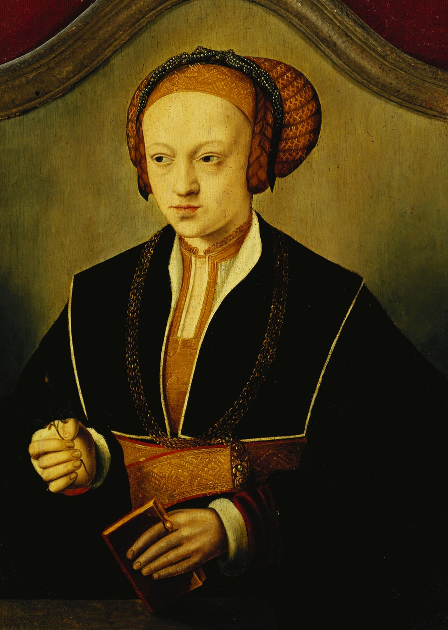 Portræt af en dame, der siges at være prinsesse Sibylle af Cleve, halvlængde, iført et sort kostume, guldkæde og en udførlig hovedbeklædning, holder en bog og en rosenknop, af Bartholomaeus Bruyn