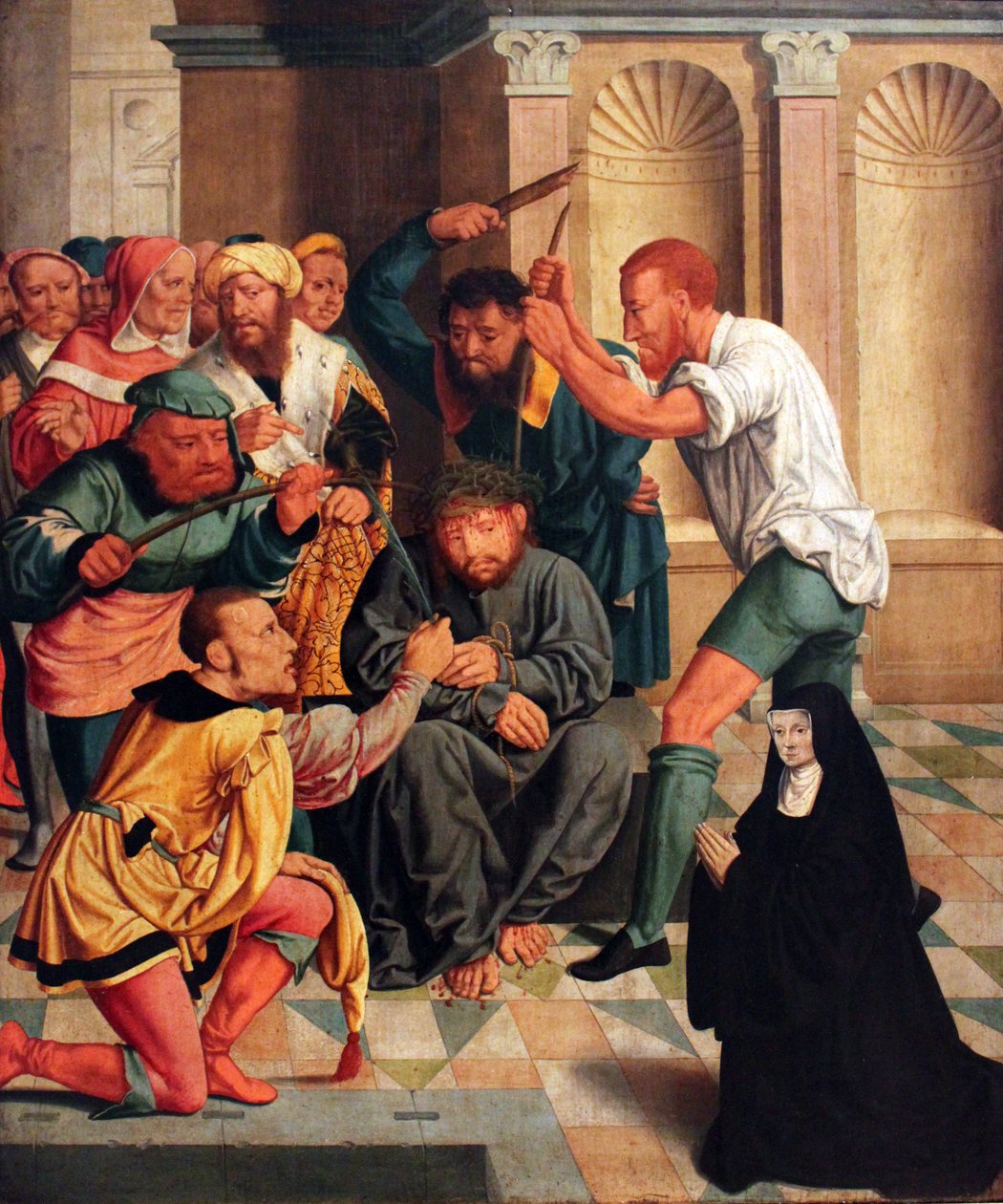 Tysk: Dornenkrönung Christi mit kniender Benediktinerin als Stifterin Kristus kronet med torne med knælende benediktinernonne som giver af Bartholomaeus Bruyn the Elder
