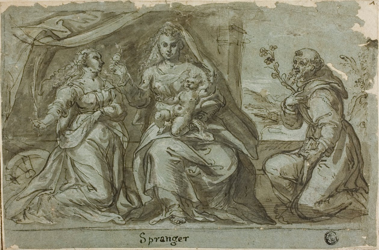 Madonna og barn med de hellige Catherine og Dominic af Bartholomaeus Spranger