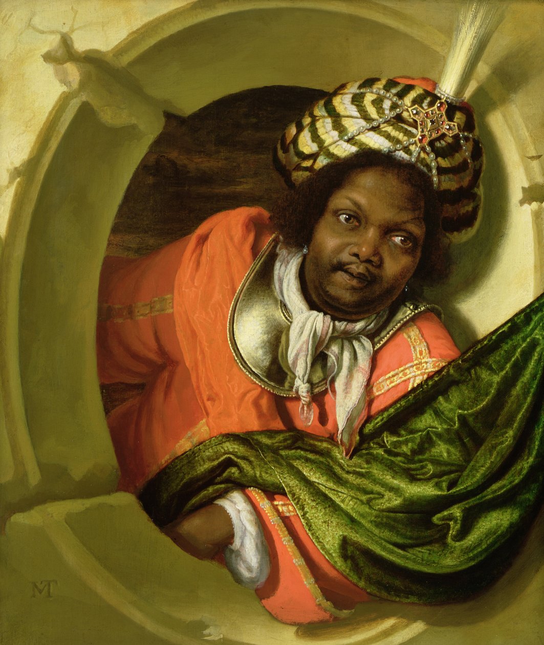 Portræt af en maur, der holder et flag ved et vindue af Bartholomaus Maton
