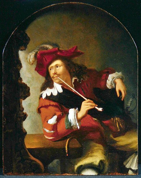 En ung mand, der sidder ved bordet og ryger en pibe, mens han kigger ind i et spejl (olie på panel) af Bartholomaus Maton