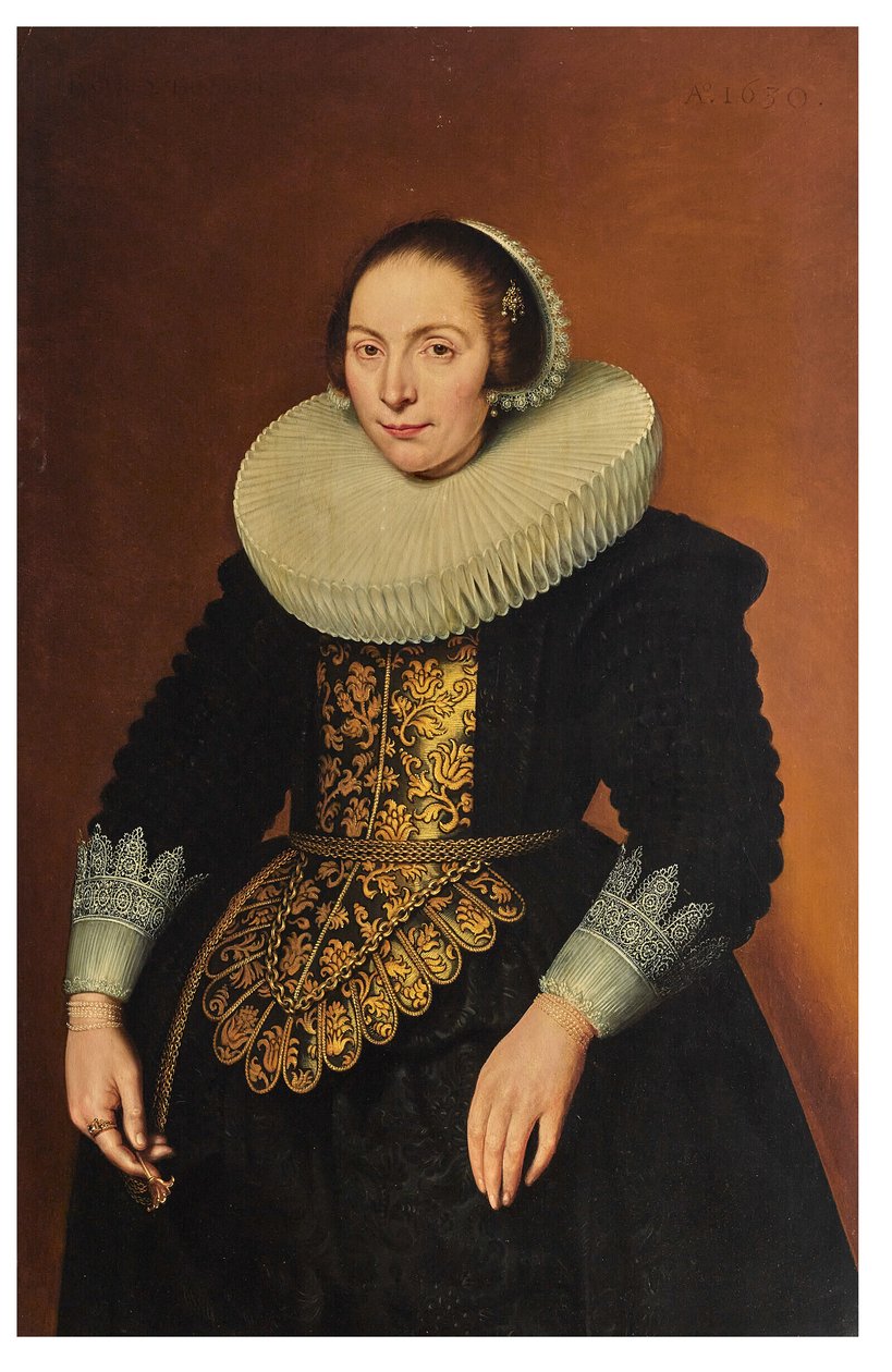 Portræt af en dame i trekvart længde, der holder sit bælte af Bartholomeaus Sarburgh
