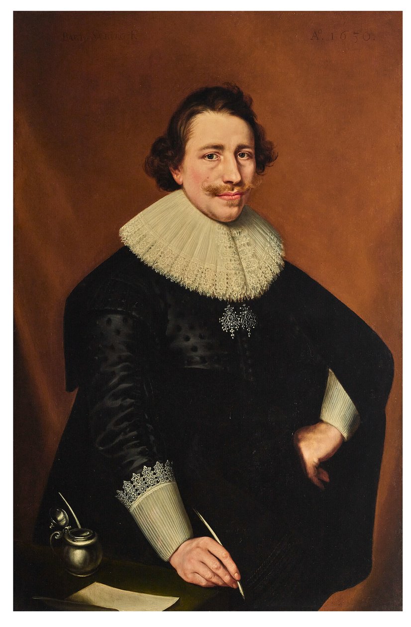 Portræt af en herre i trekvart længde, der holder en fjerpen; af Bartholomeaus Sarburgh