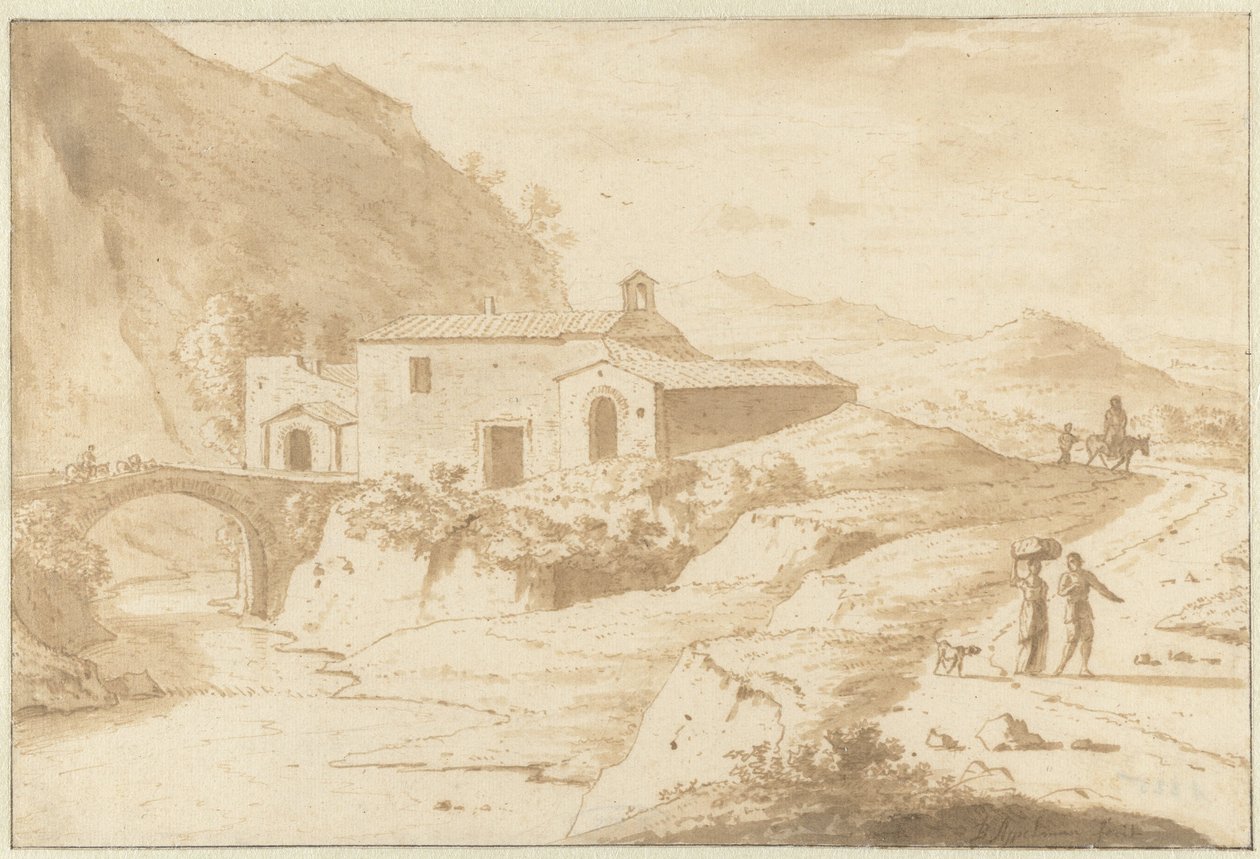 Bakket landskab med et kapel ved en bro af Bartholomeus Appelman