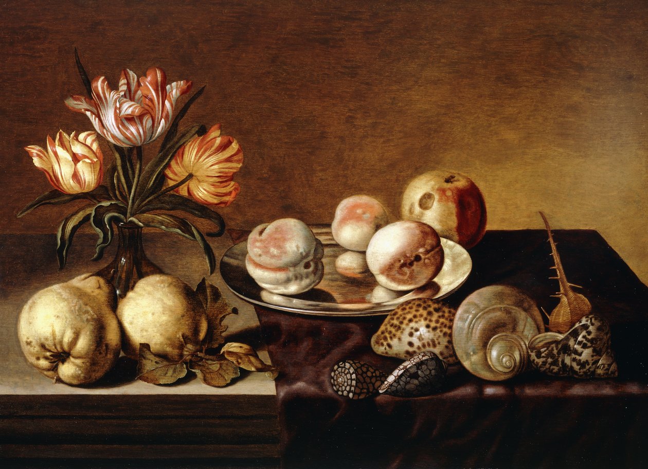 En sølvplade med ferskner, en vase med papegøjetulpaner, pærer og skaller på et delvist draperet bord, af Bartholomeus Assteyn