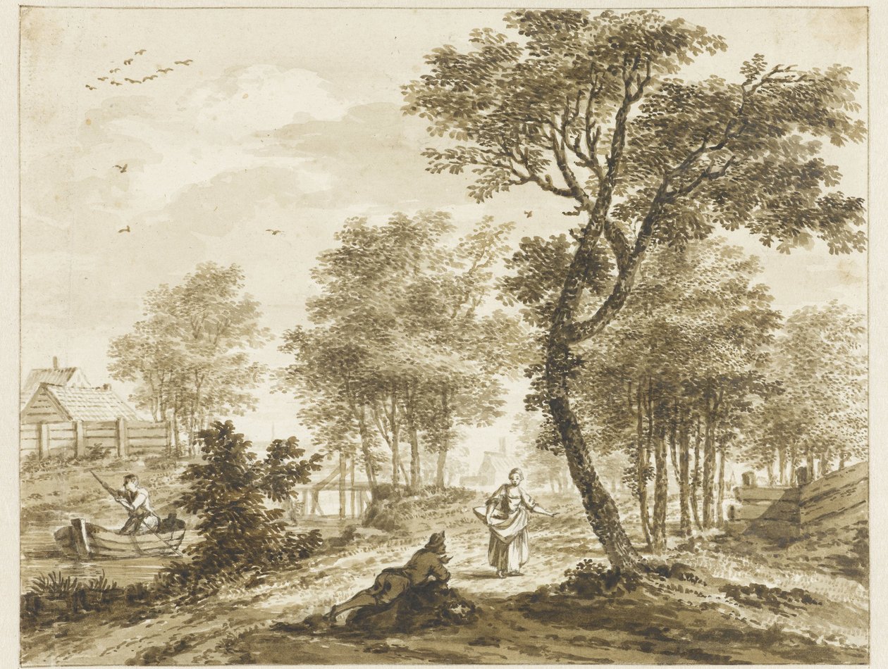 Landskab med figurer og til venstre en mand i et punt af Bartholomeus Barbiers