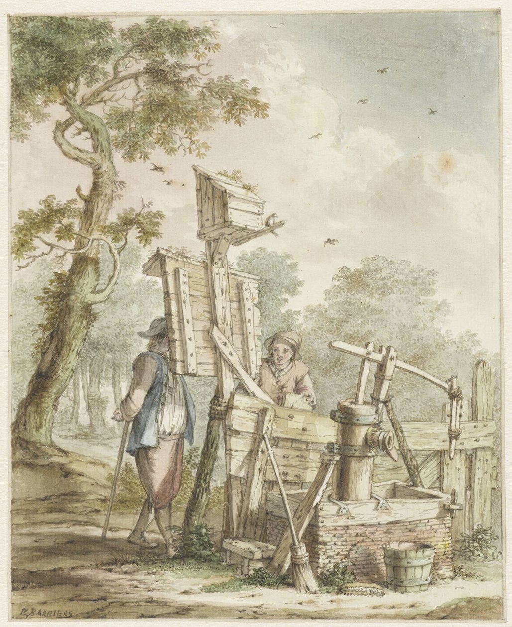 Landskab med to mænd ved en tavle ved en vandpumpe af Bartholomeus Barbiers