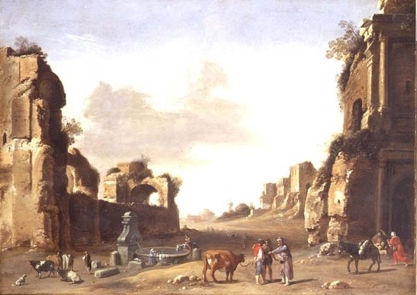 Klassiske ruiner med bønder, der vander deres dyr af Bartholomeus Breenbergh