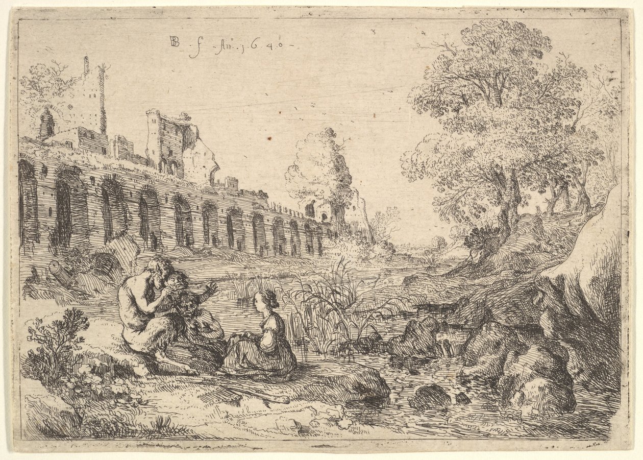 Korsika siddende foran satyrer på bredden af en flod, fra et par tallerkener til Battista Gu..., 1640. af Bartholomeus Breenbergh