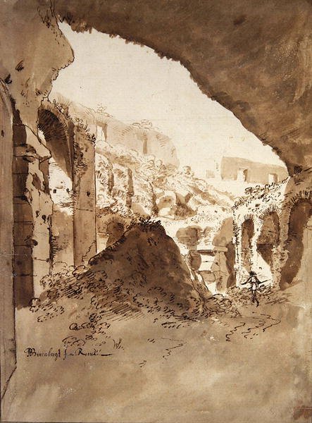 Udsigt inde i Colosseum (sort kridt, pen og brun vask på papir) af Bartholomeus Breenbergh