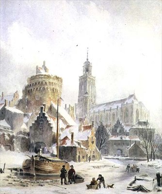 Børn leger på en frossen flod, Deventer Cathedral Beyond af Bartholomeus Johannes van Hove
