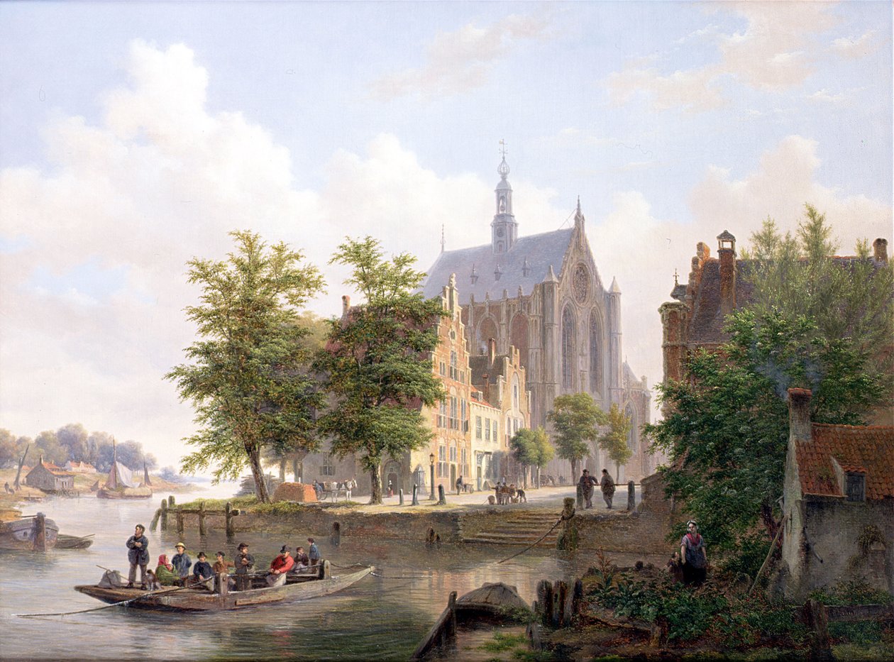 Færge krydser en kanal i Haarlem af Bartholomeus Johannes van Hove