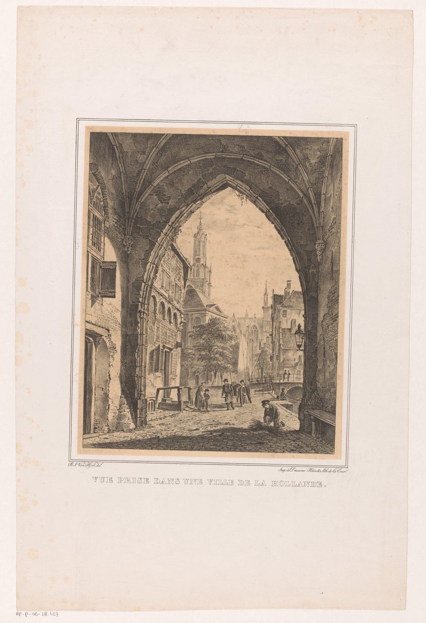 Bybillede fra under en port Vue pris dans une ville de la Hollande (titel på objekt) af Bartholomeus Johannes van Hove