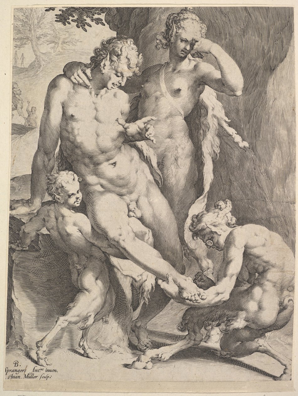 Oreads, der fjerner en torn fra en Satyrs fod, 1590 af Bartholomeus Spranger