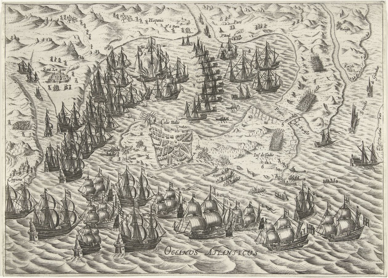 Slaget ved Cadiz, 1596 af Bartholomeus Willemsz. Dolendo (attributed to)