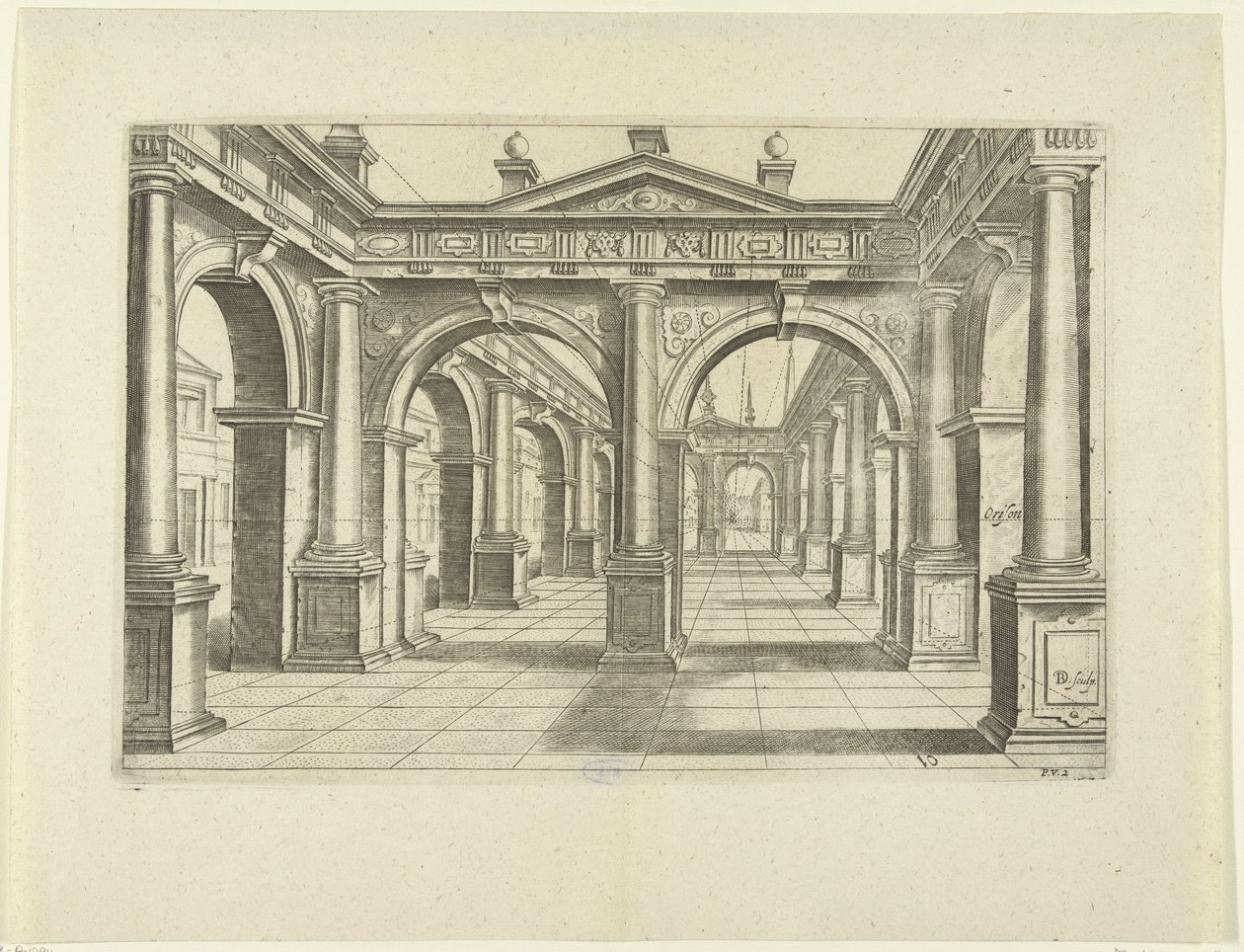 Bygning med dobbelt bue i midten i dorisk stil Perspektiv, del 2 (serietitel) af Bartholomeus Willemsz. Dolendo